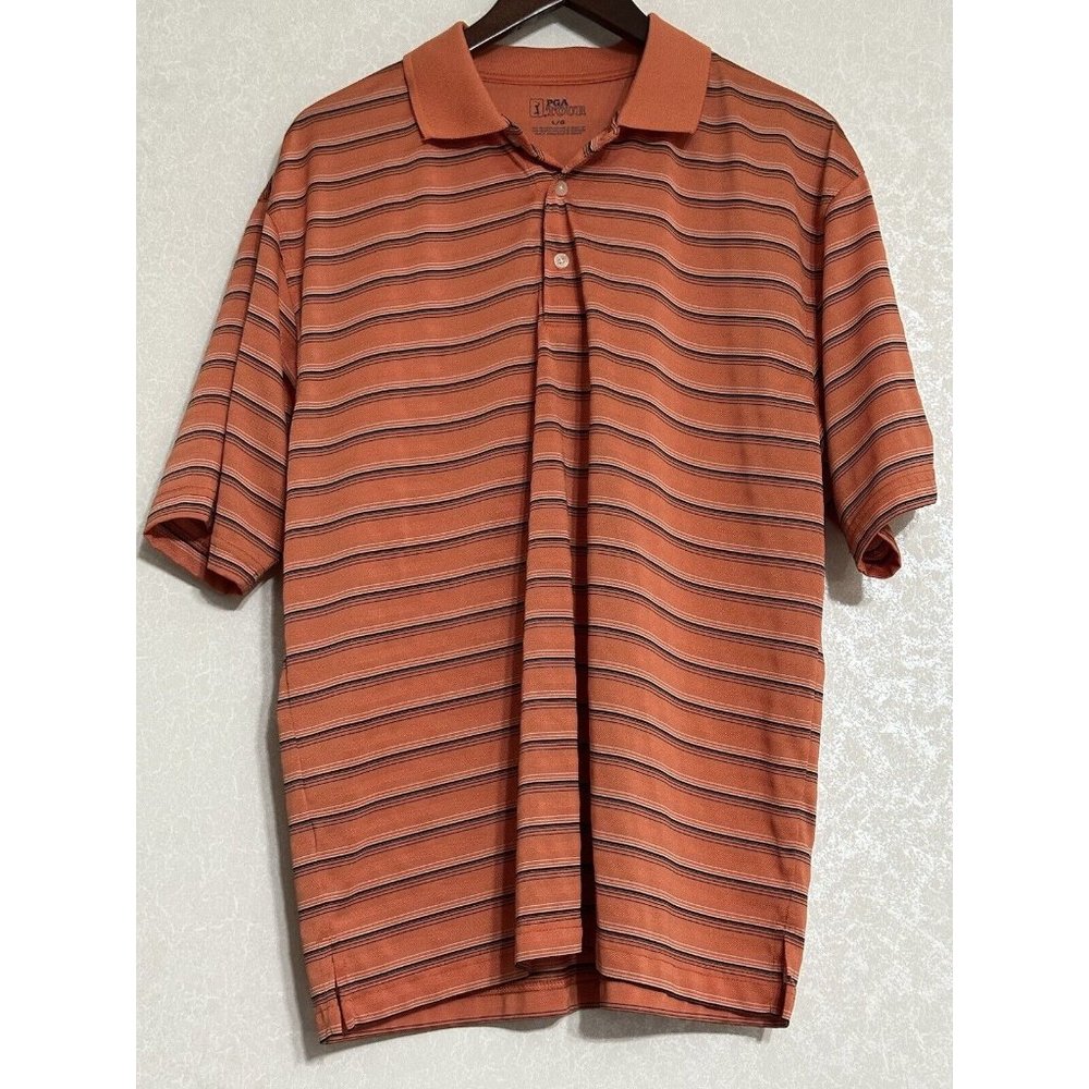 PGA Tour Orange Black‎ Striped Polo Golf Logo Short Sleeve Shirt Lightweight L